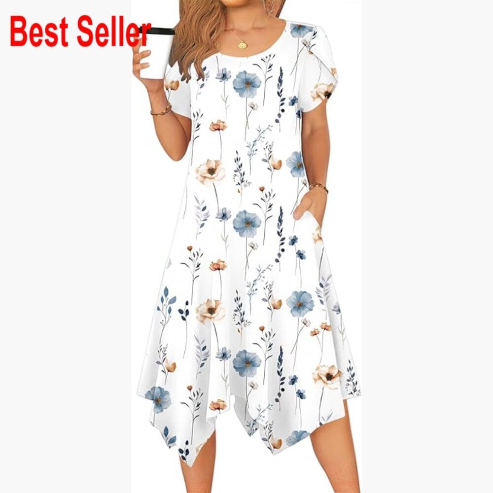 Polyester Spandex Casual Midi Sundress with Pockets Flowy Beach Dress